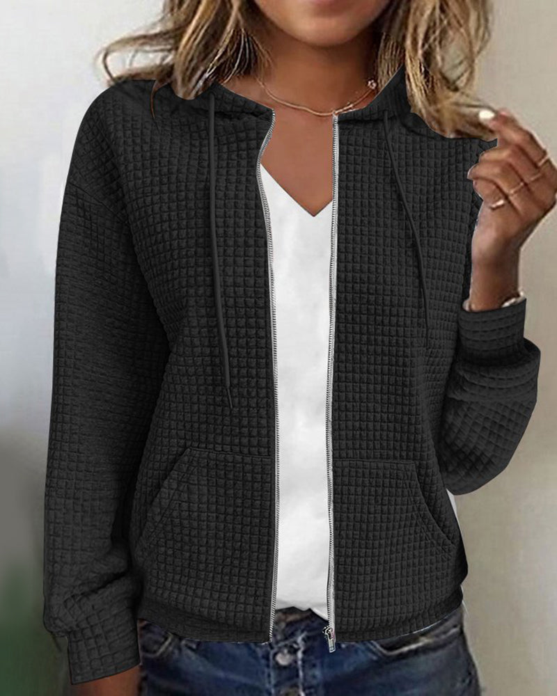 Women's Hoodie Vest Casual Waffle Texture with Zipper and Hoodie