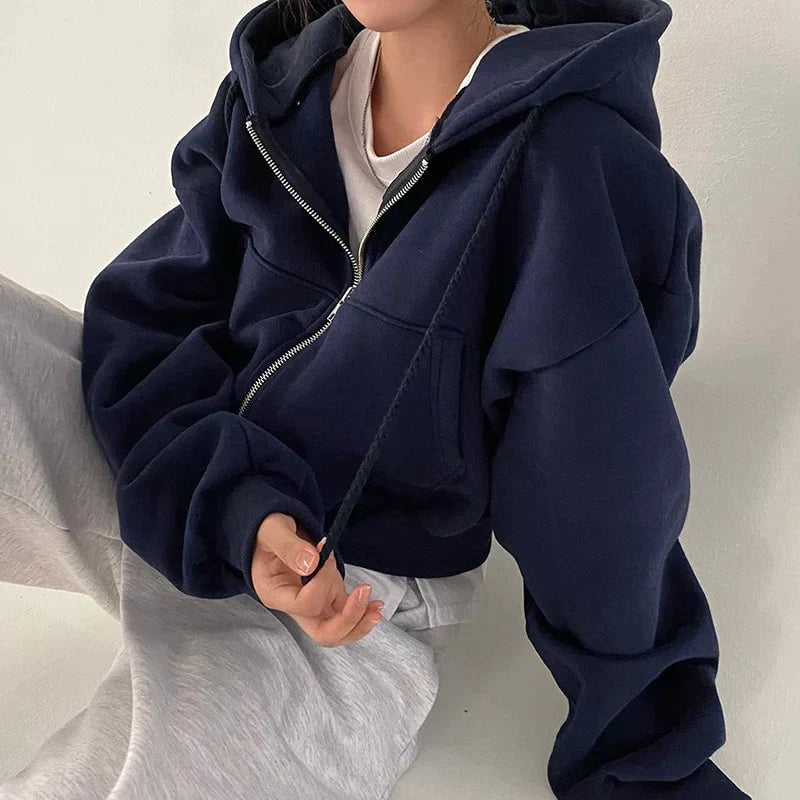 Women's Hoodie With Zipper and Sloping Shoulders Casual