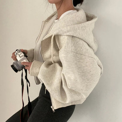 Women's Hoodie With Zipper and Sloping Shoulders Casual