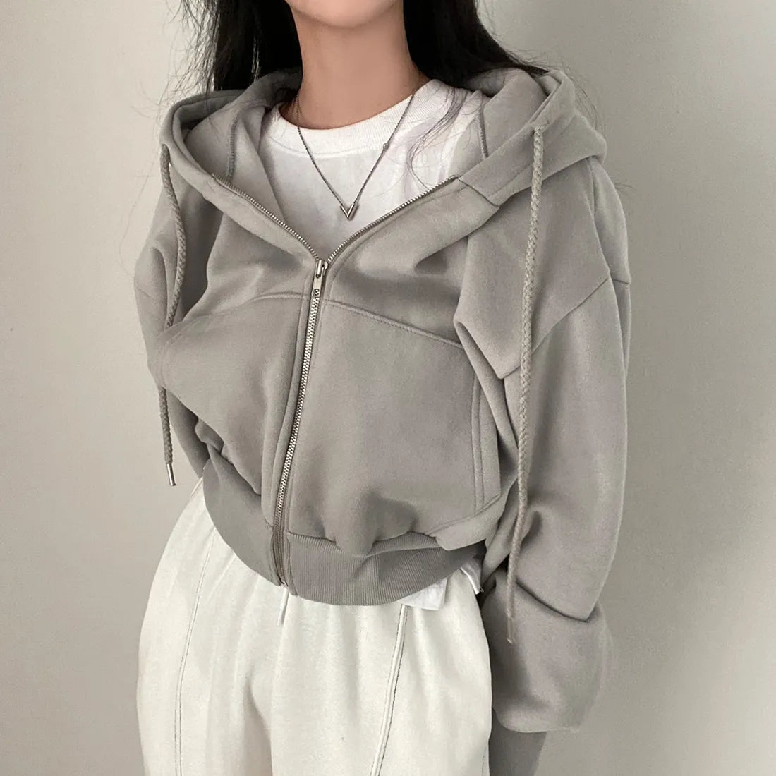 Women's Hoodie With Zipper and Sloping Shoulders Casual