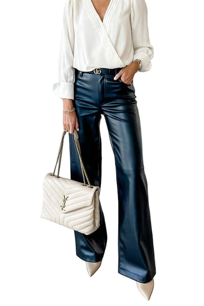 Women's Imitation Leather Straight Trousers with Wide Legs