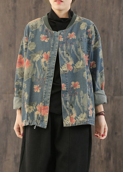 Women's Jacket Denim Retro Print With Buttons