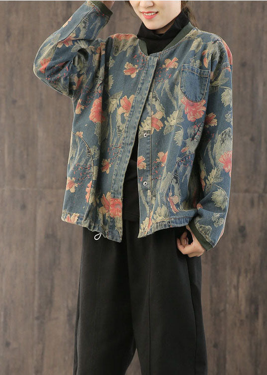 Women's Jacket Denim Retro Print With Buttons