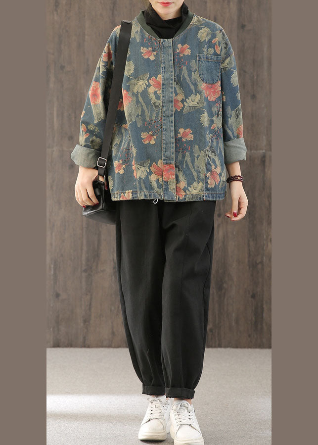 Women's Jacket Denim Retro Print With Buttons