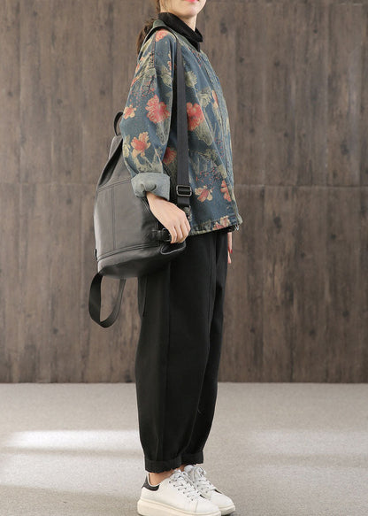 Women's Jacket Denim Retro Print With Buttons