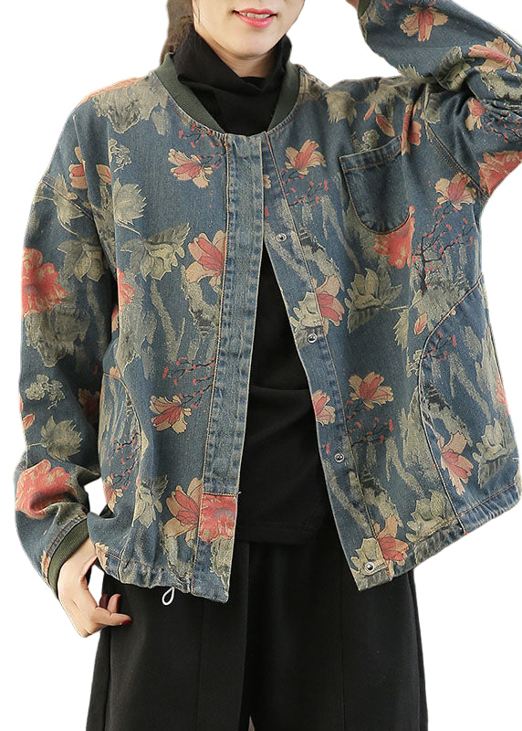 Women's Jacket Denim Retro Print With Buttons