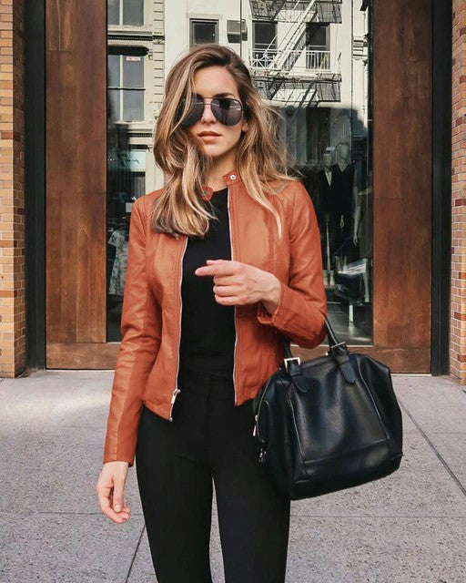 Women's Jacket Trendy Faux Leather With Zipper and Practical Pockets
