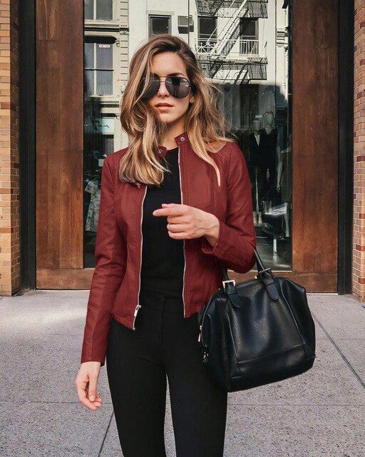 Women's Jacket Trendy Faux Leather With Zipper and Practical Pockets
