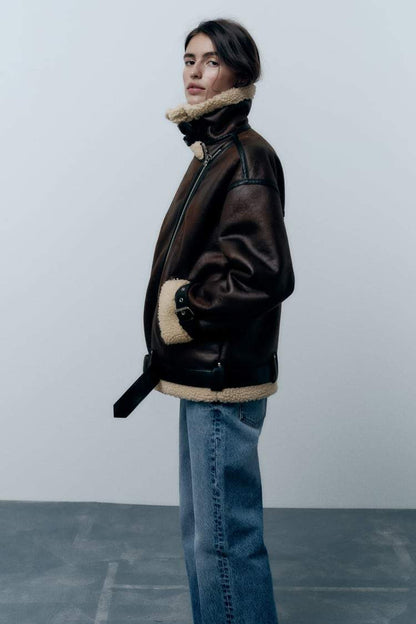 Women's Jacket with Reverses in Artificial Material