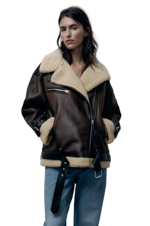 Women's Jacket with Reverses in Artificial Material