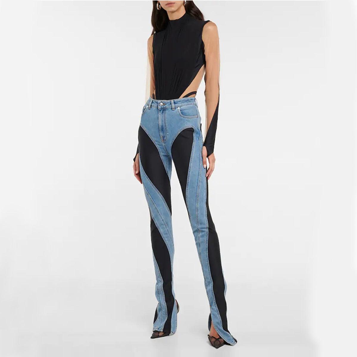 Women's Jeans High Waist Micro-Stretch Denim With Colour Blocks