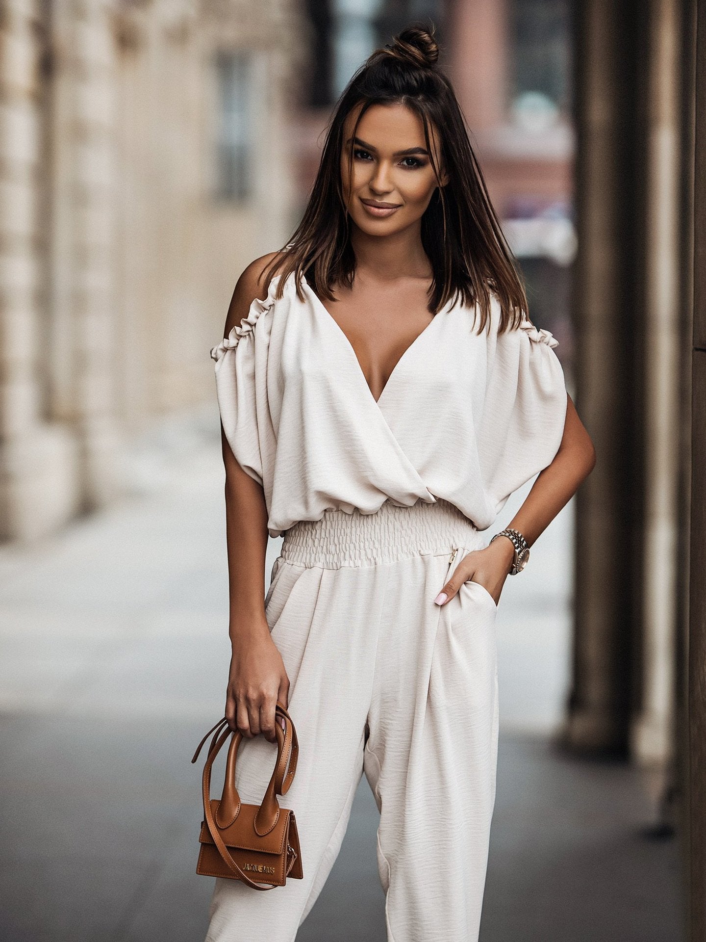 Women's Jumpsuit Festive With Open Shoulders And Lapel V-Neck From Polyester