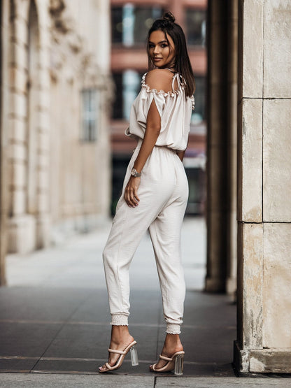 Women's Jumpsuit Festive With Open Shoulders And Lapel V-Neck From Polyester