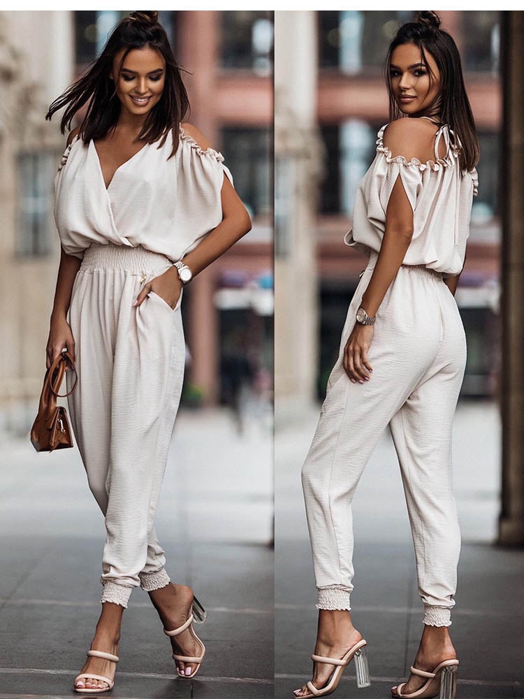 Women's Jumpsuit Festive With Open Shoulders And Lapel V-Neck From Polyester