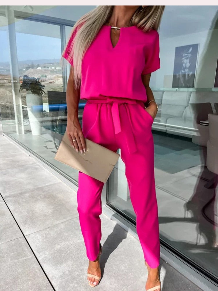 Women's Jumpsuit V-Neck Short Sleeves Festive Polyester