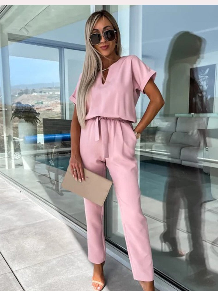 Women's Jumpsuit V-Neck Short Sleeves Festive Polyester