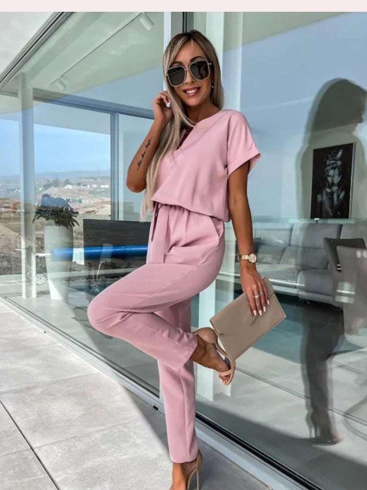 Women's Jumpsuit V-Neck Short Sleeves Festive Polyester