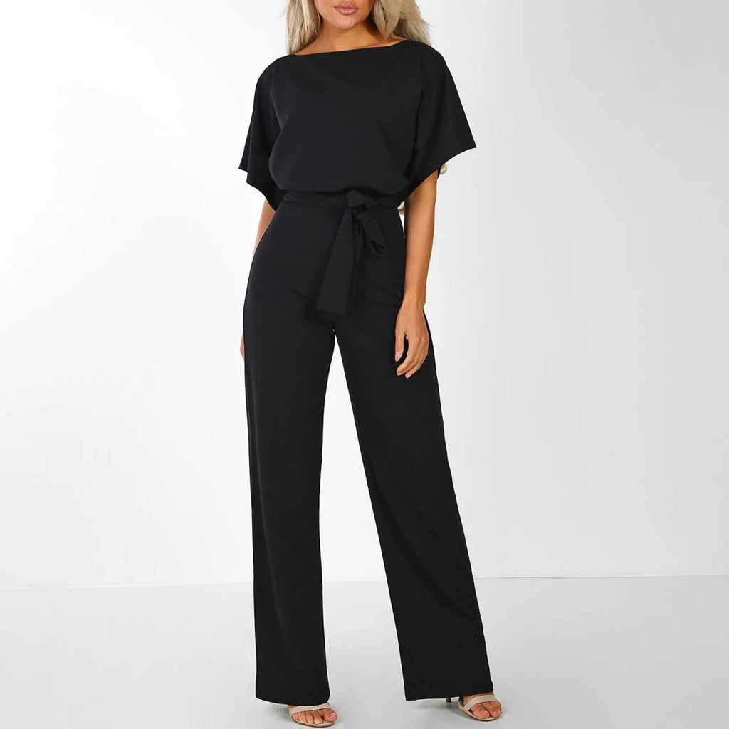 Women's Jumpsuit With Wide Legs And Lace-Up Waist Festive Black Polyester
