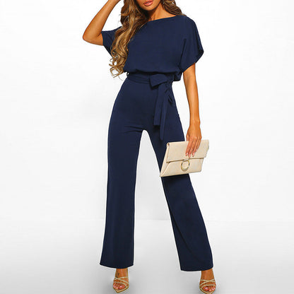 Women's Jumpsuit With Wide Legs And Lace-Up Waist Festive Black Polyester