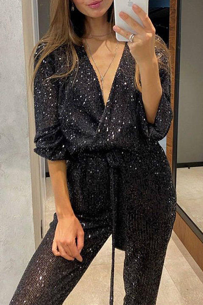 Women's Jumpsuit with Wrap V-neckline and Bow Belt