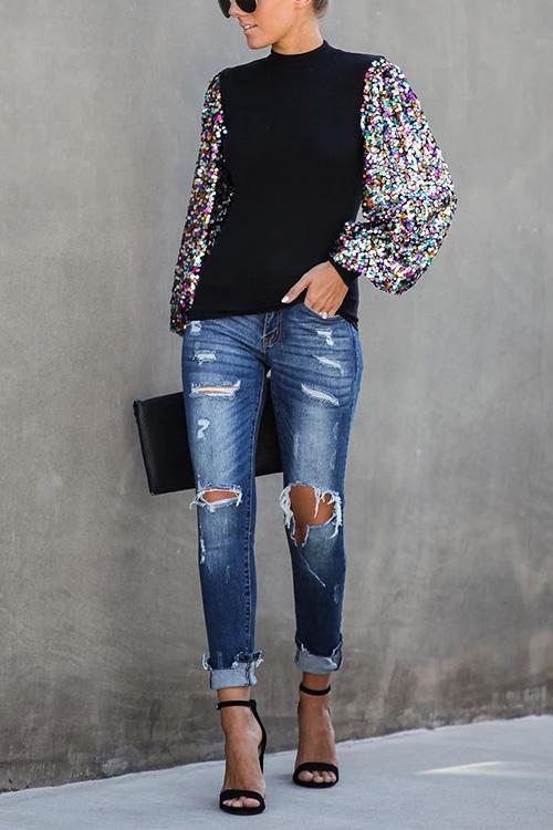 Women's Knitted Blouse with Sequins and Lantern Sleeves