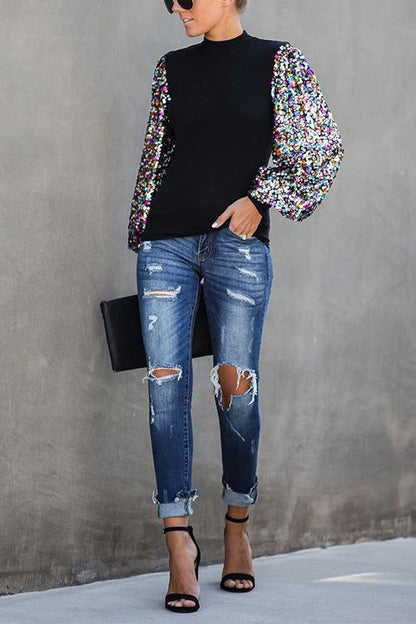 Women's Knitted Blouse with Sequins and Lantern Sleeves