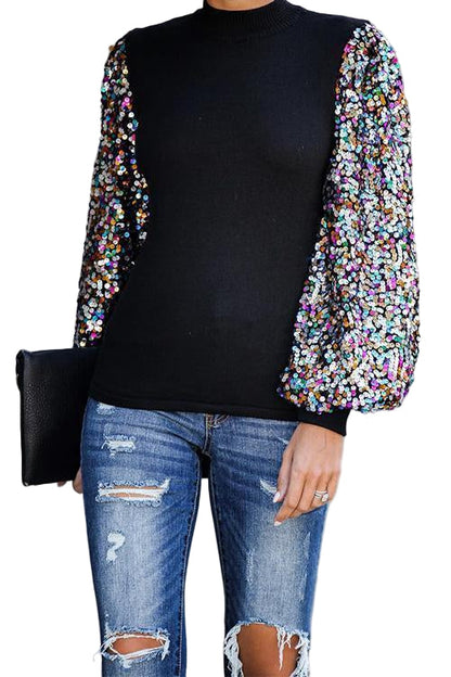 Women's Knitted Blouse with Sequins and Lantern Sleeves