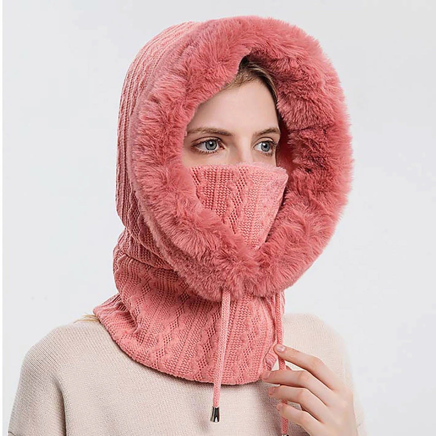 Women's Knitted Fur Hat Mask Set