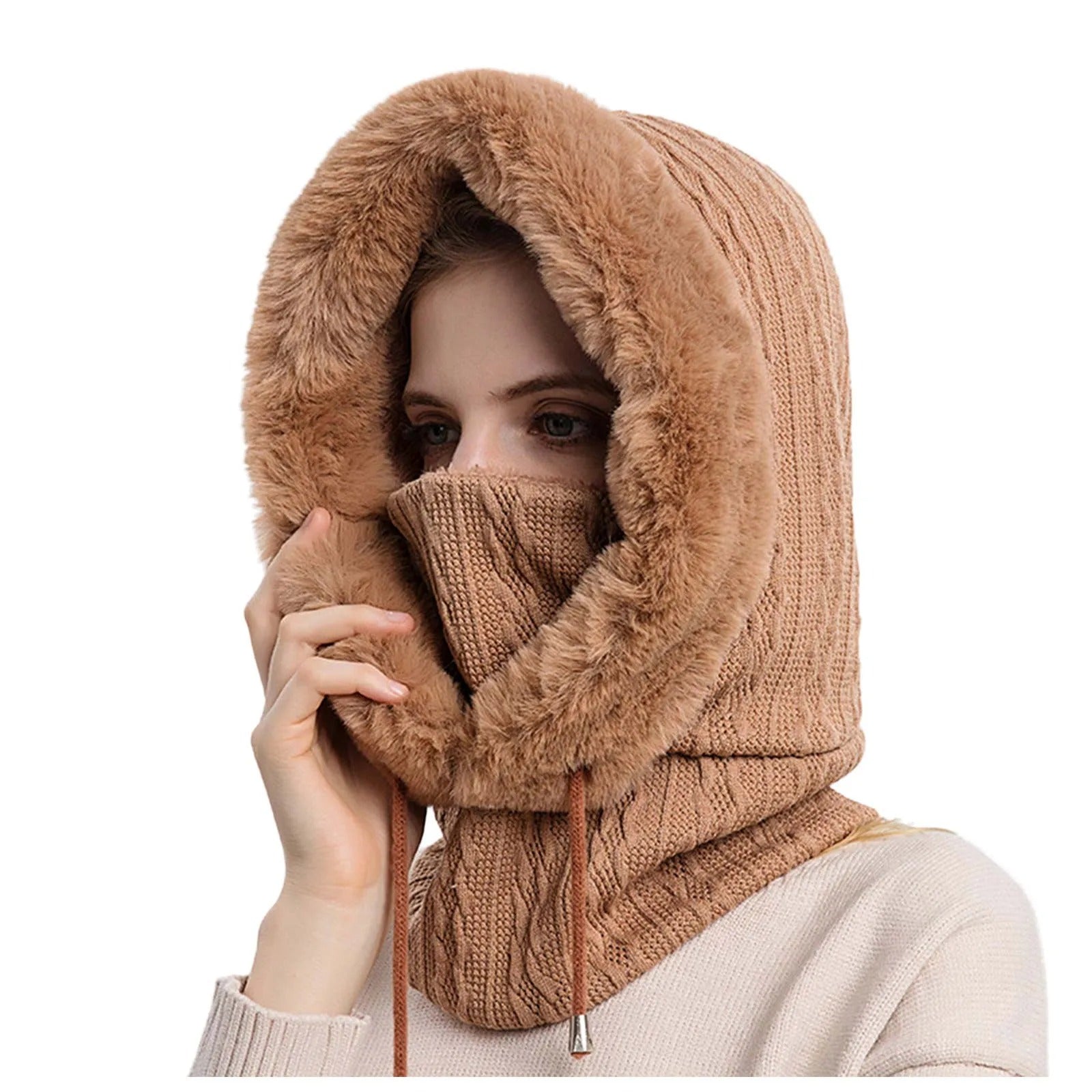 Women's Knitted Fur Hat Mask Set