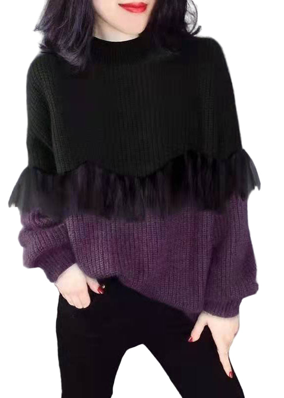 Women's Knitted O-neck Sweaters with Patchwork
