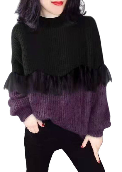 Women's Knitted O-neck Sweaters with Patchwork