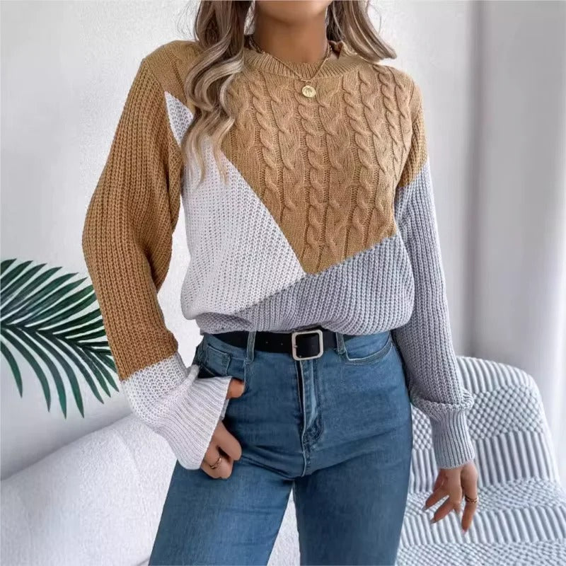Women's Knitted Sweater with Colour Block Design