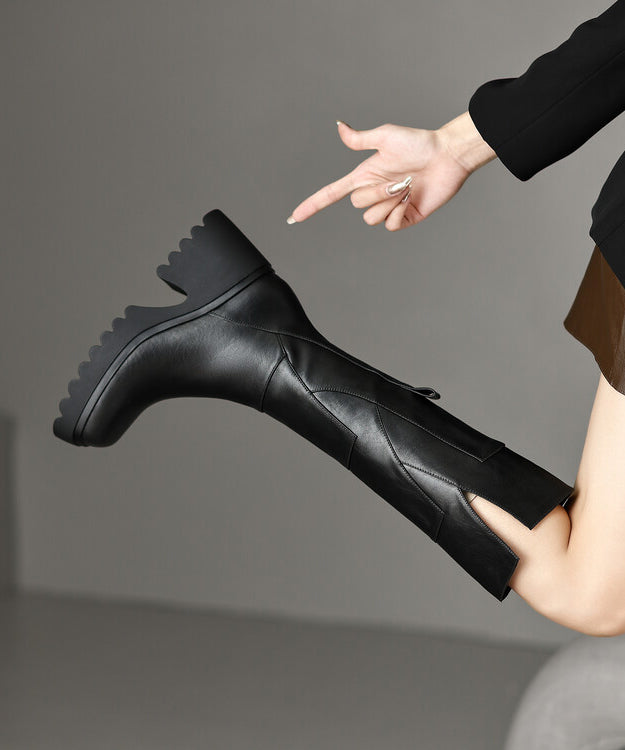 Women's Leather Boots Chunky with Zipper and Rubber Sole