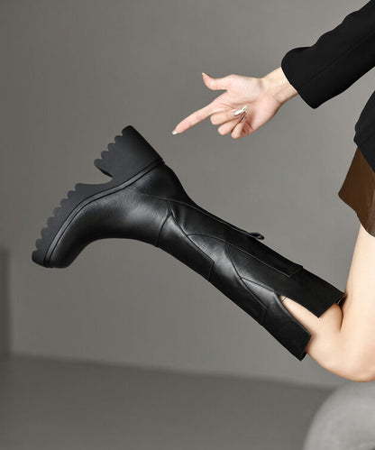 Women's Leather Boots Chunky with Zipper and Rubber Sole