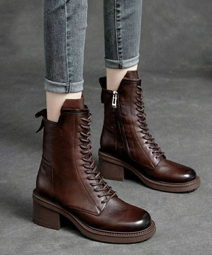 Women's Leather Boots with Lacing and Zipper