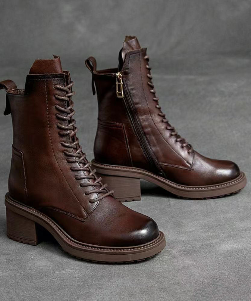 Women's Leather Boots with Lacing and Zipper