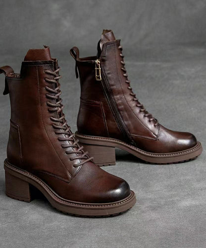 Women's Leather Boots with Lacing and Zipper