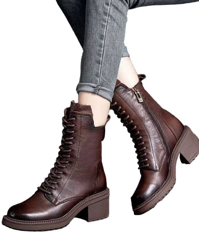 Women's Leather Boots with Lacing and Zipper