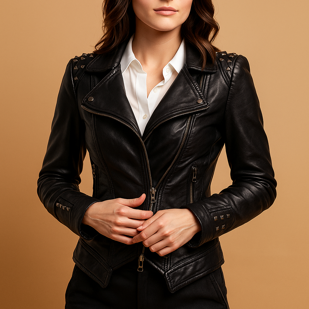 Women's Leather Jacket with Gothic Accents