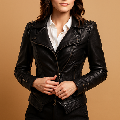 Women's Leather Jacket with Gothic Accents