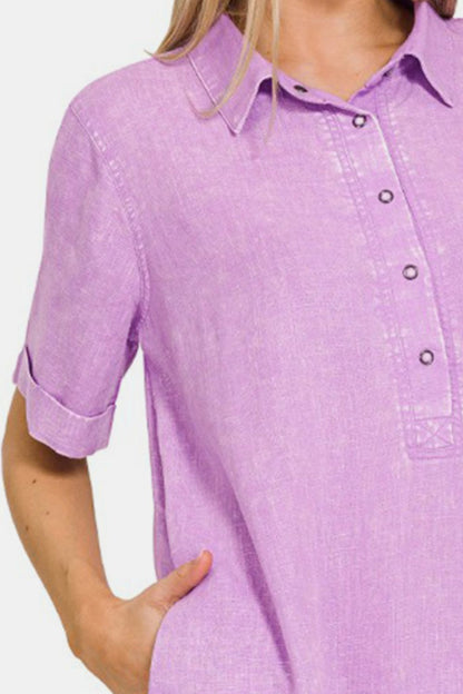 Women's Linen Style Dress With Raw Hem and Pockets