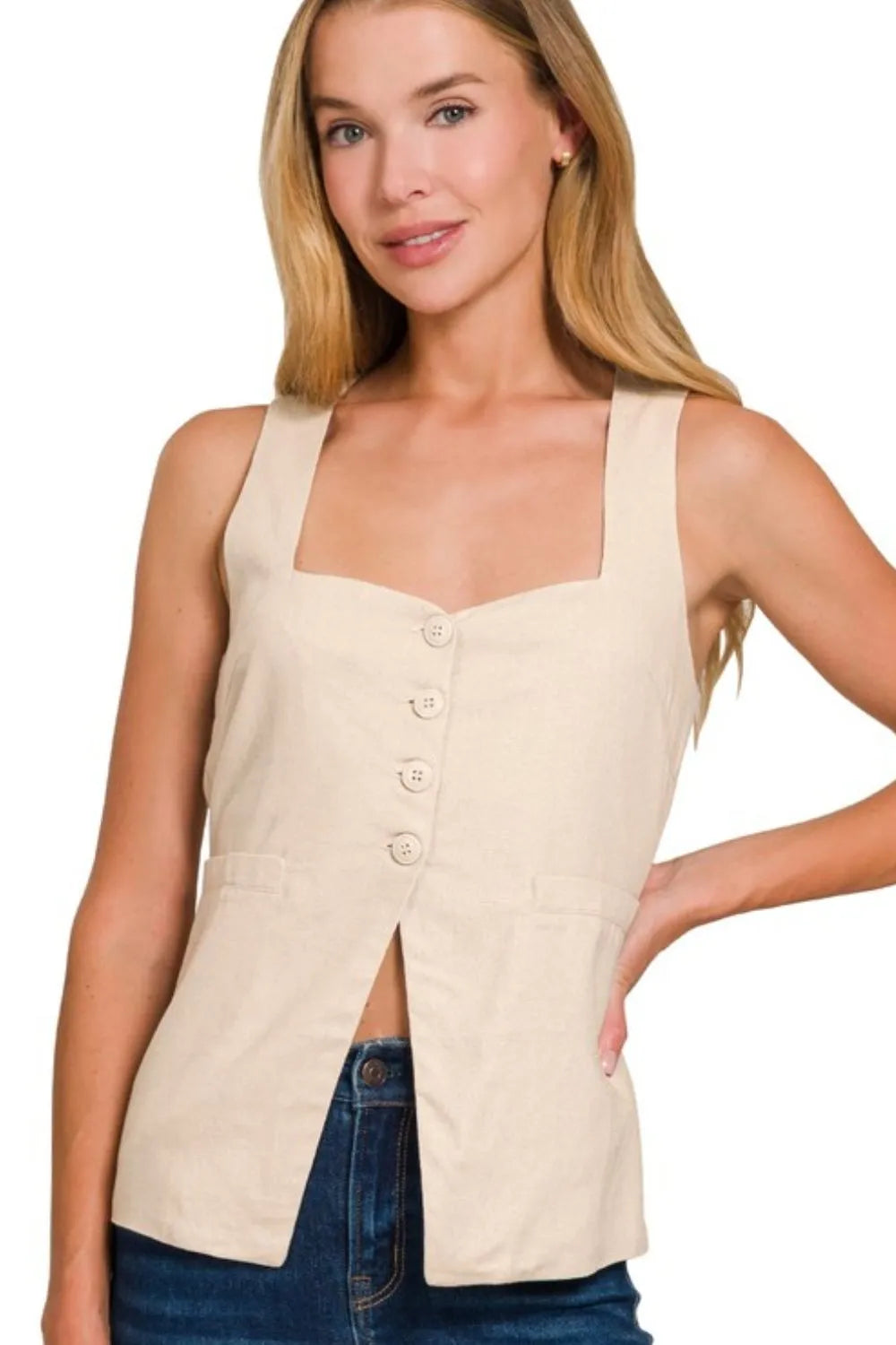 Women's Linen Style Sleeveless Cardigan With Bow and 4 Buttons