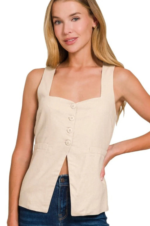Women's Linen Style Sleeveless Cardigan With Bow and 4 Buttons
