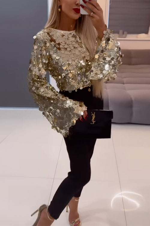 Women's Long Bell Sleeve Crop Top with Metallic Sequins