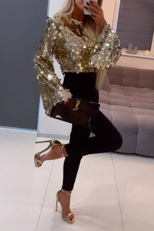 Women's Long Bell Sleeve Crop Top with Metallic Sequins