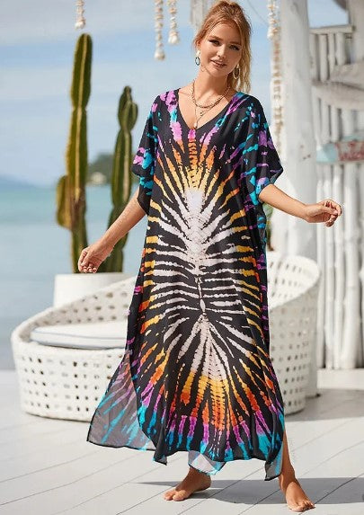 Women's Long Boho Dress Graphic Rainbow Print Cotton