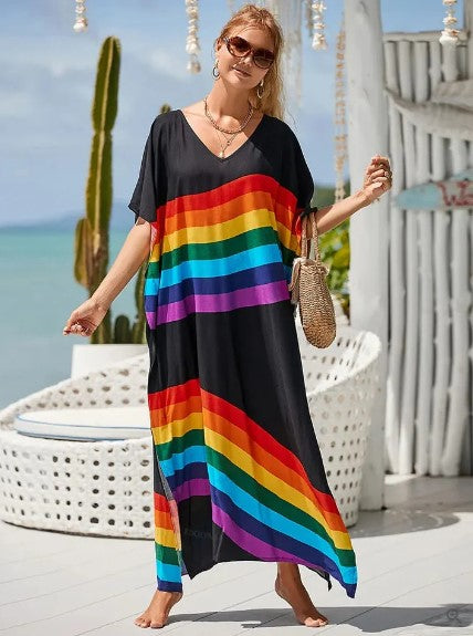 Women's Long Boho Dress Graphic Rainbow Print Cotton