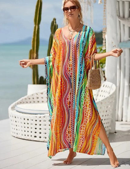 Women's Long Boho Dress Graphic Rainbow Print Cotton