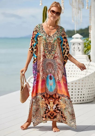 Women's Long Boho Dress Graphic Rainbow Print Cotton