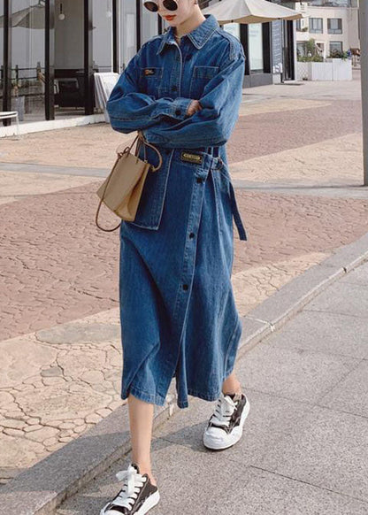 Women's Long Denim Dress with Asymmetric Design and Buttons